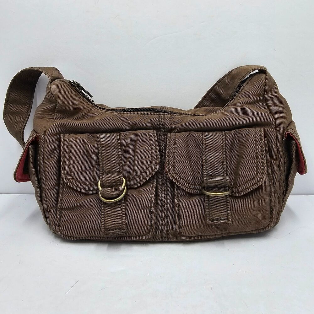 VTG Aeropostale Y2K Brown Canvas Cargo Mini Shoulder Bag Purse Pink Interior